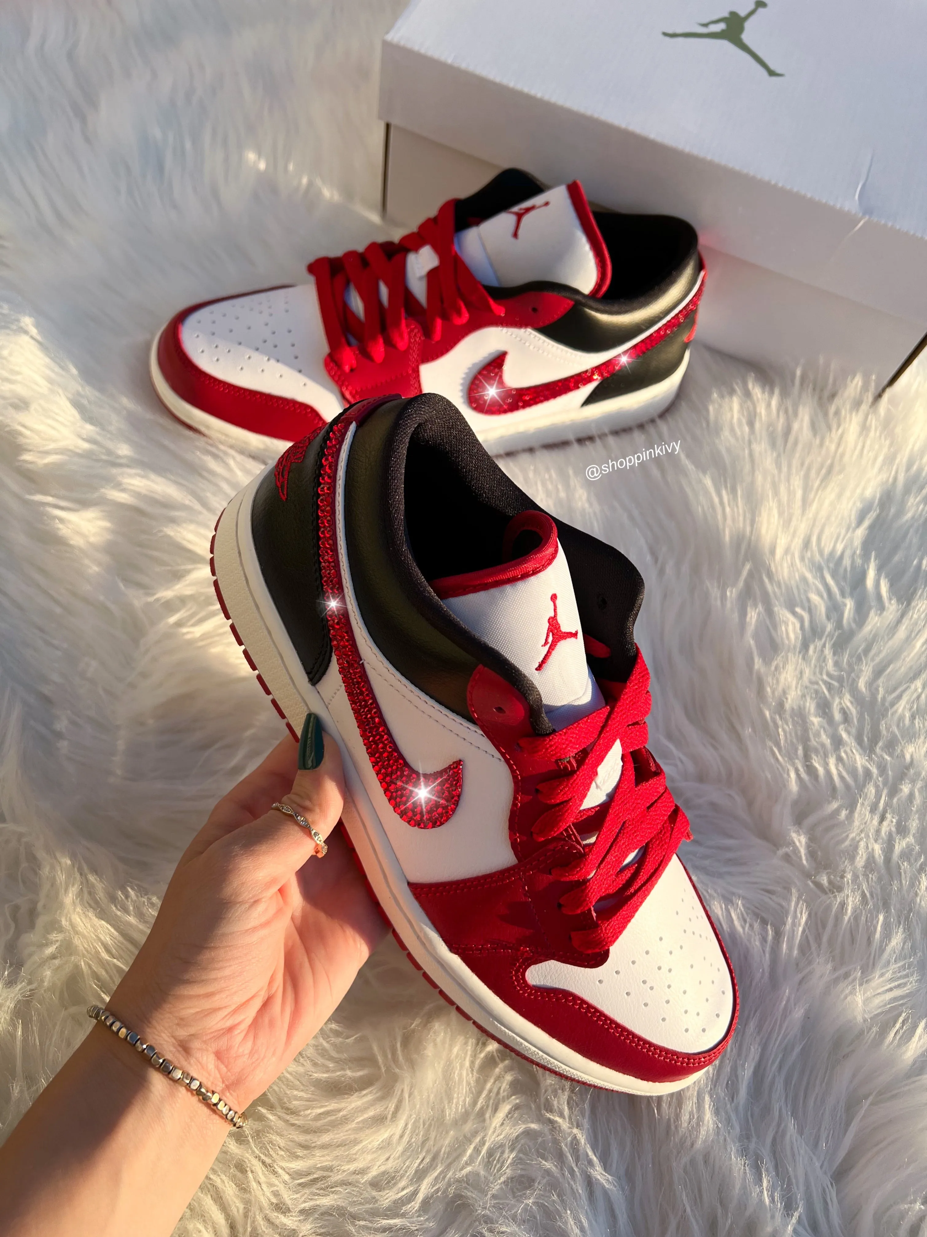 Red Swarovski Women’s Air Jordan Retro 1 Low Shoes