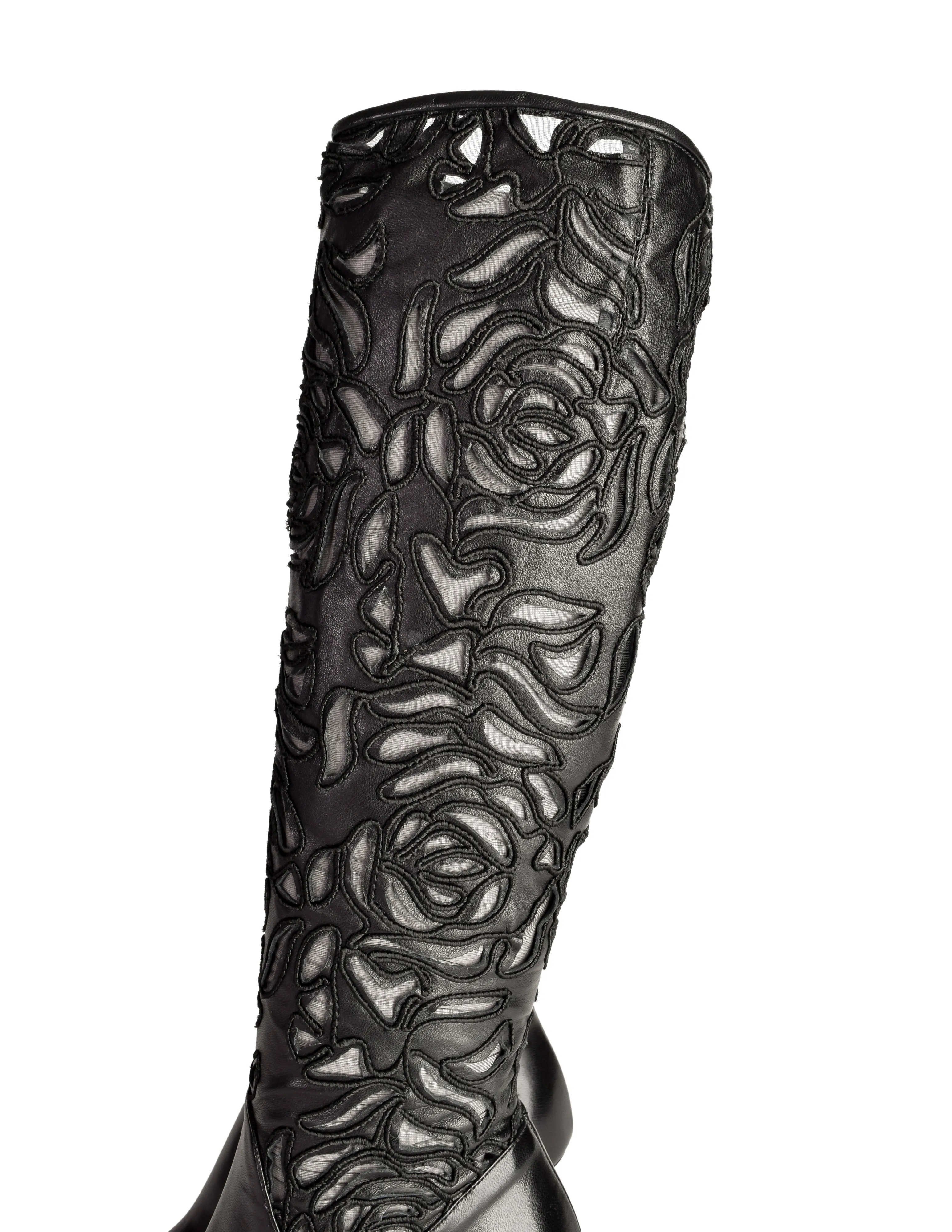 Richard Tyler Vintage Black Leather Embroidered Mesh Cutout Pointed Toe Stiletto Knee High Boots