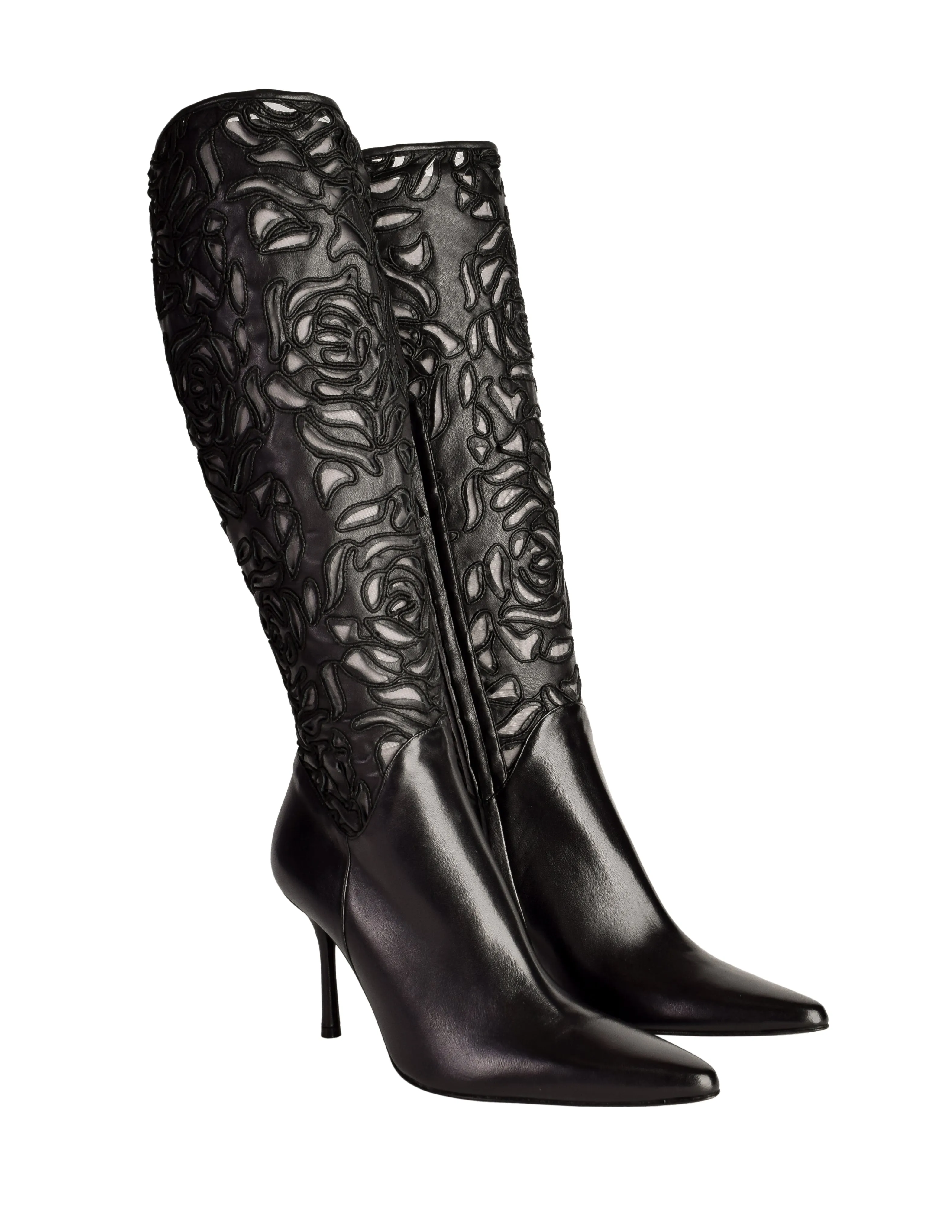 Richard Tyler Vintage Black Leather Embroidered Mesh Cutout Pointed Toe Stiletto Knee High Boots