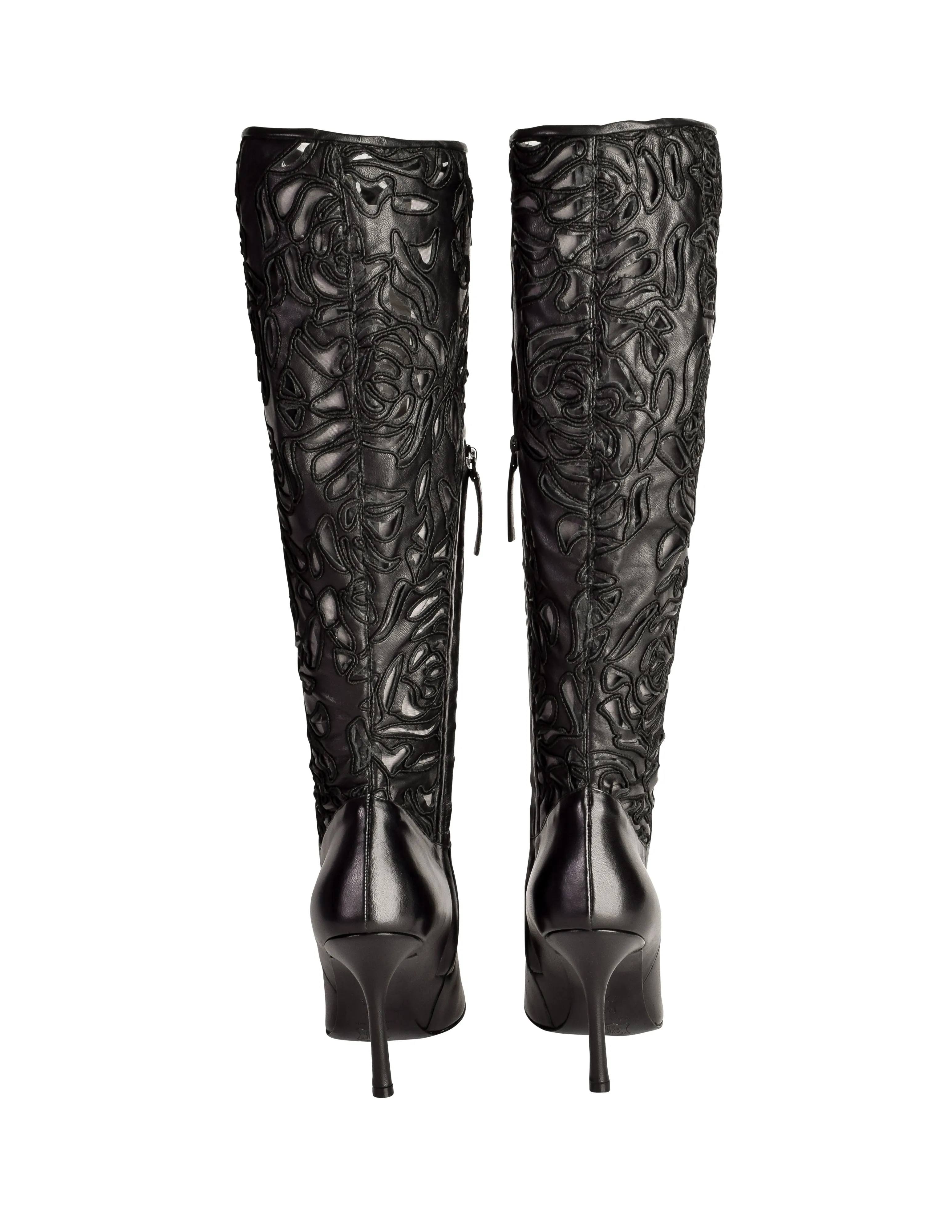 Richard Tyler Vintage Black Leather Embroidered Mesh Cutout Pointed Toe Stiletto Knee High Boots