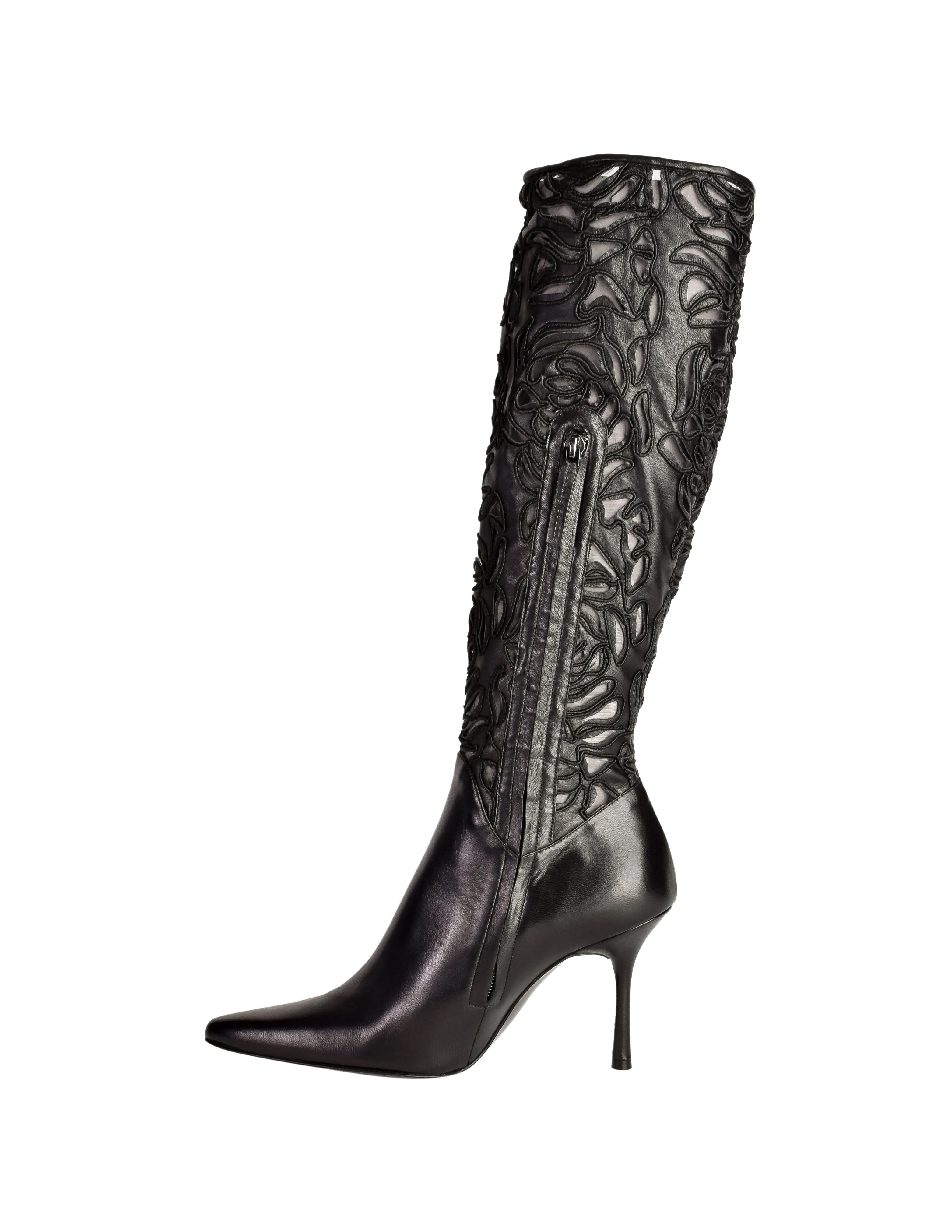 Richard Tyler Vintage Black Leather Embroidered Mesh Cutout Pointed Toe Stiletto Knee High Boots