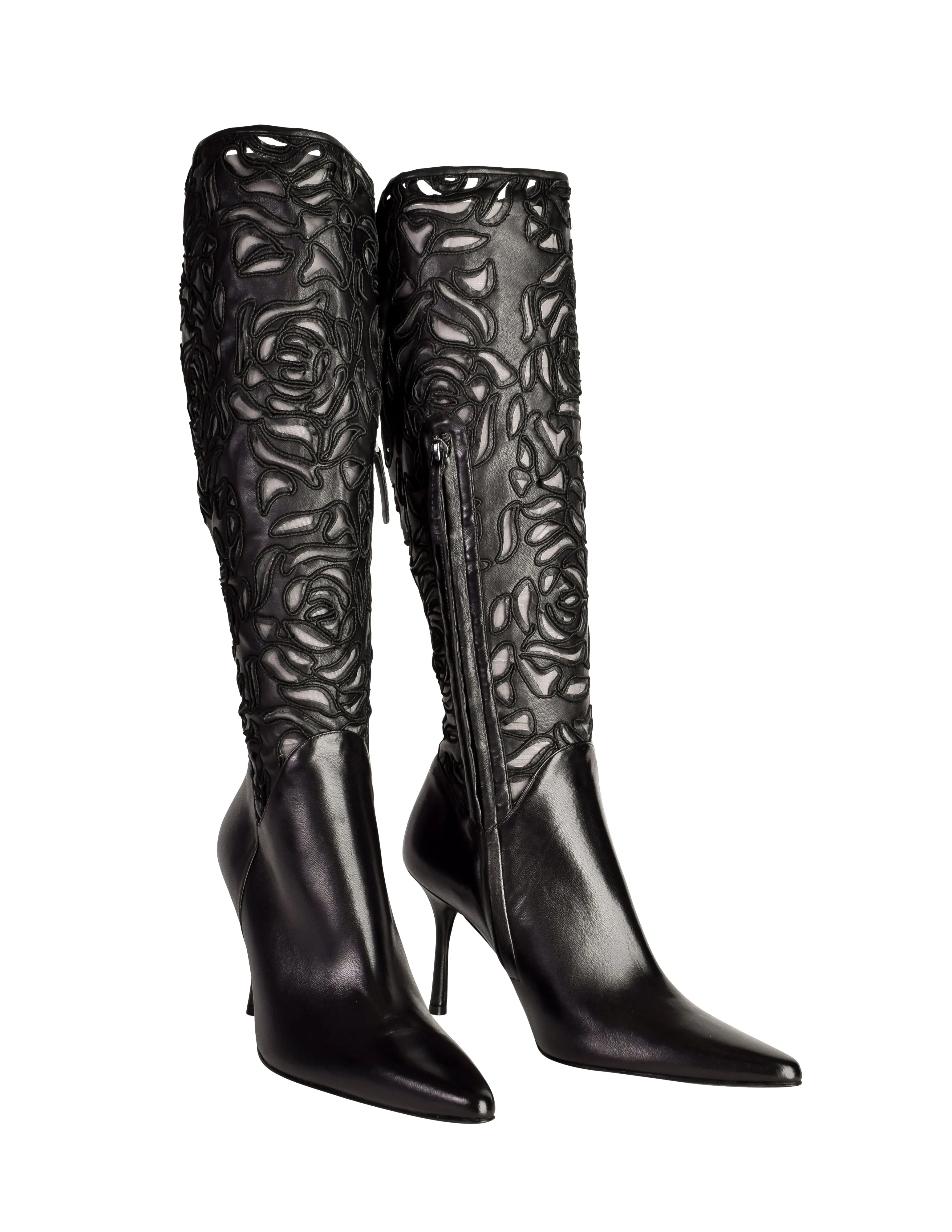 Richard Tyler Vintage Black Leather Embroidered Mesh Cutout Pointed Toe Stiletto Knee High Boots