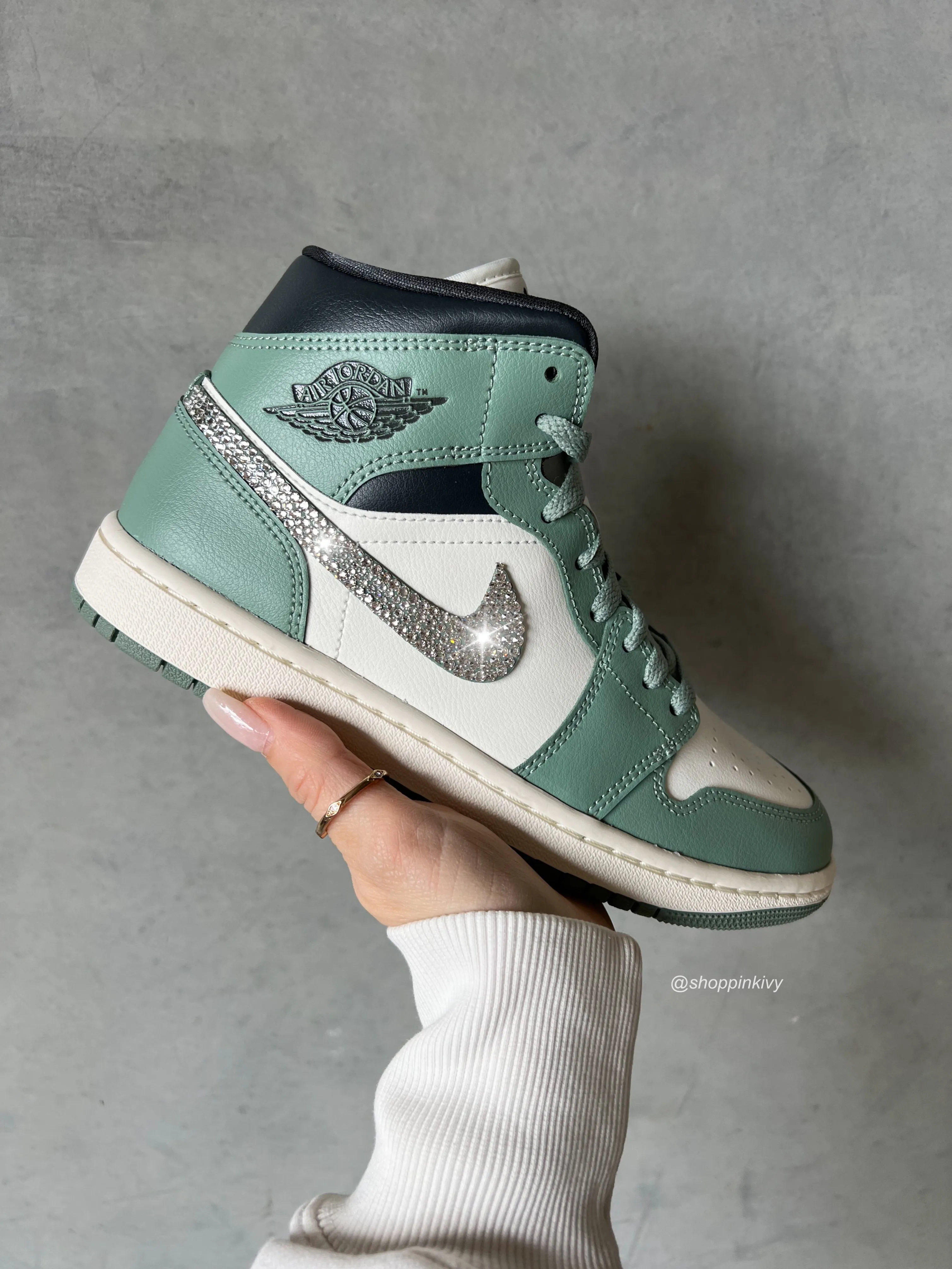 Sage Green Swarovski Womens Nike Air Jordan 1 Mid Shoes