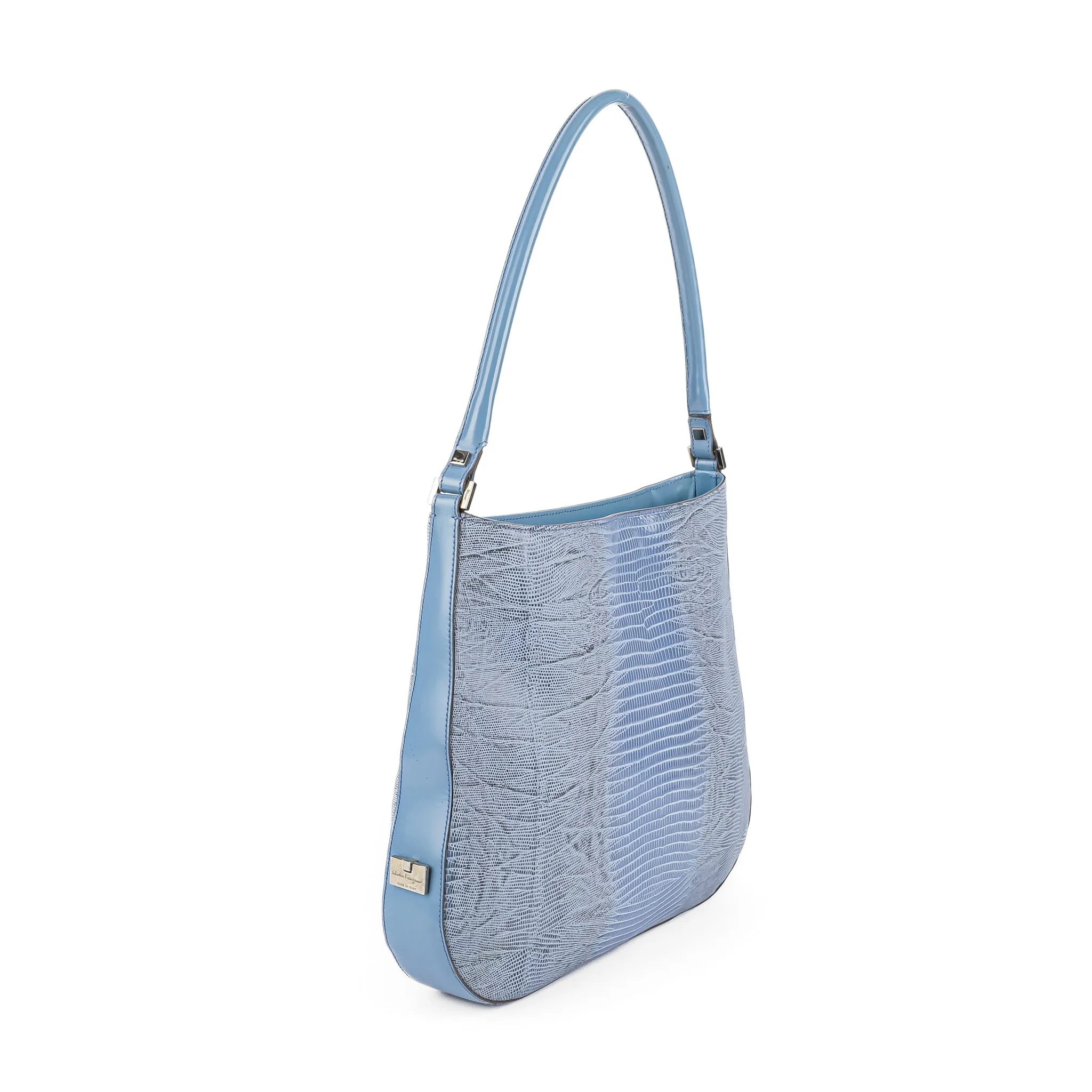 SALVATORE FERRAGAMO Light Blue Lizard Skin Shoulder Bag