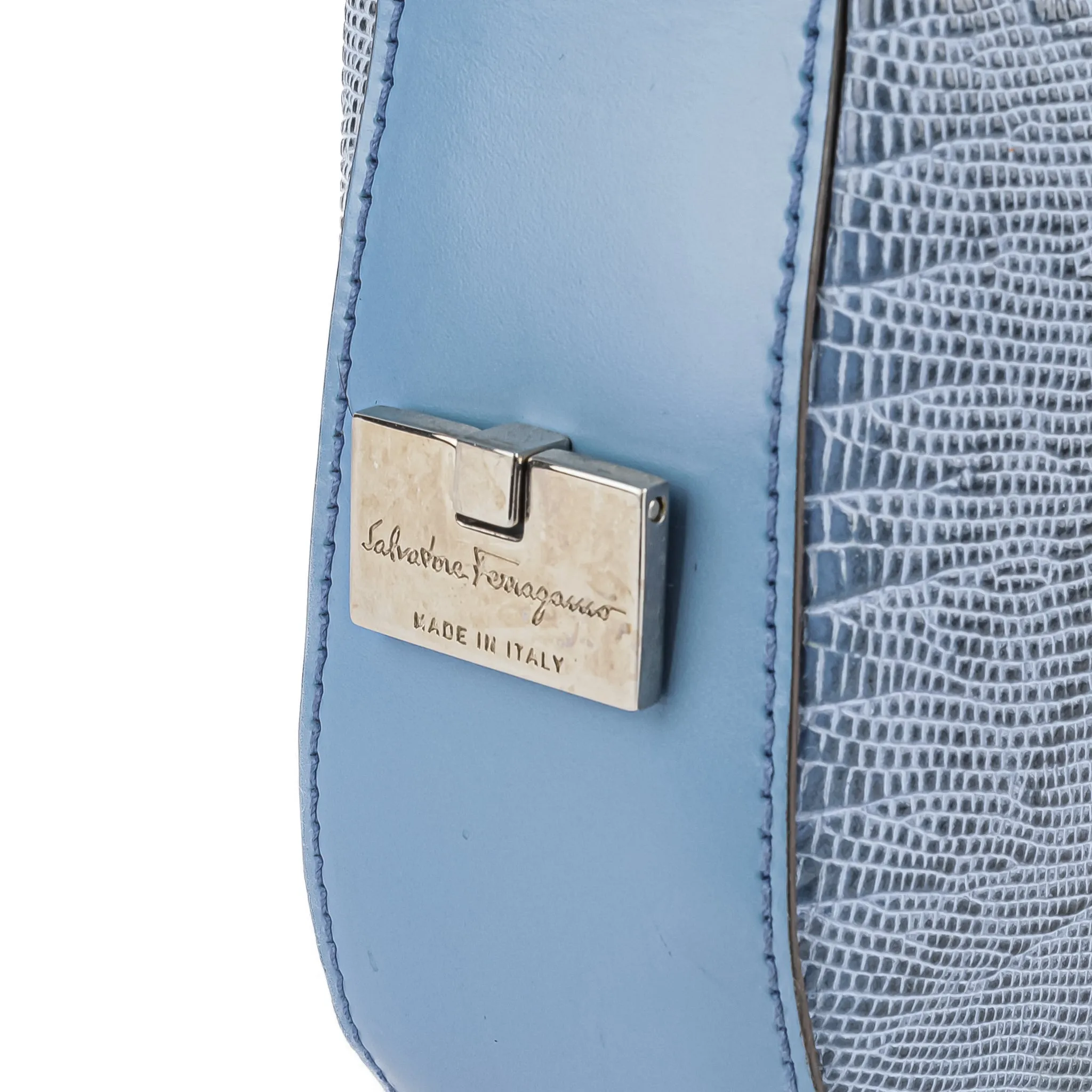 SALVATORE FERRAGAMO Light Blue Lizard Skin Shoulder Bag