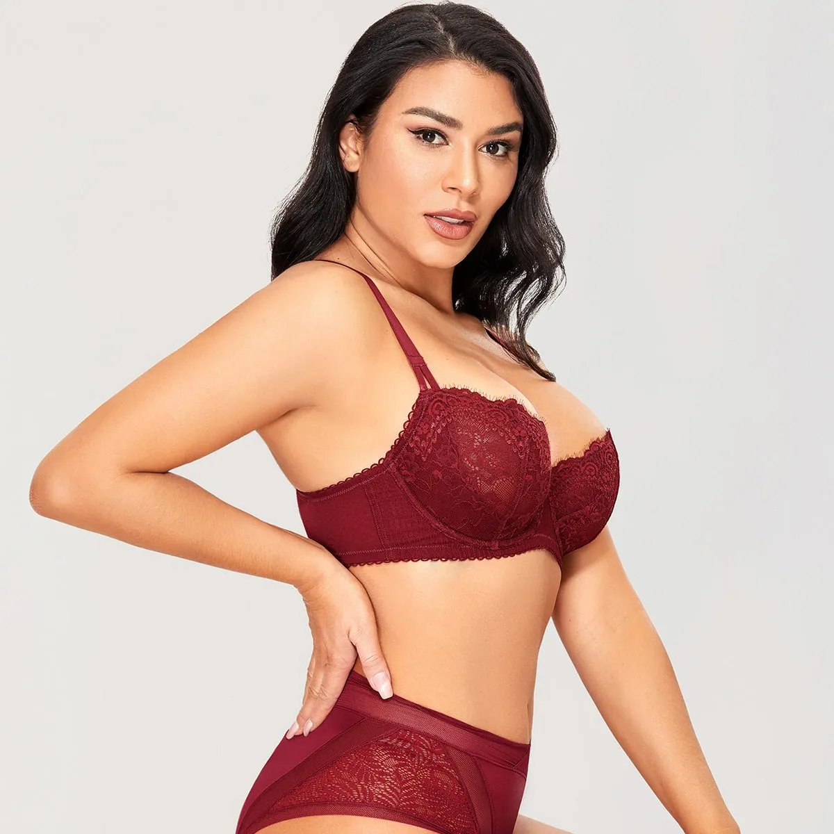 Sexy Lace Sheer Balconette Unlined Wine Push Up Bra