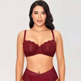 Sexy Lace Sheer Balconette Unlined Wine Push Up Bra