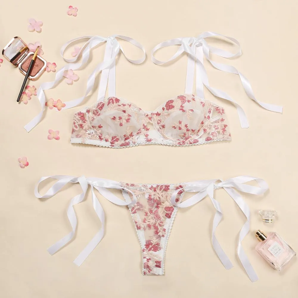 Sexy Women Lace Underwear Bra Set Lingerie Set Sleepwear Embroidered Flower Perspective Pajamas