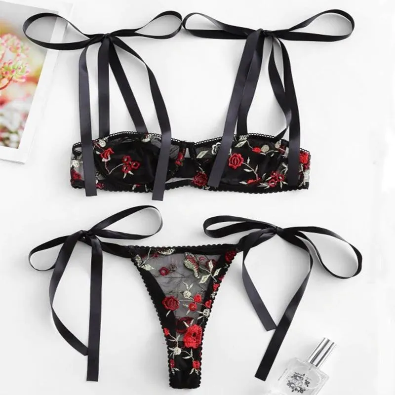 Sexy Women Lace Underwear Bra Set Lingerie Set Sleepwear Embroidered Flower Perspective Pajamas