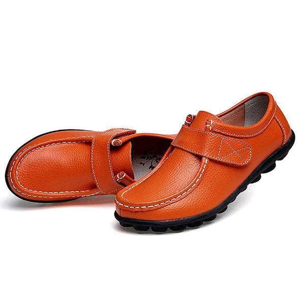 Soft Leather Pure Color Hook Loop Flat Comfortable Loafers