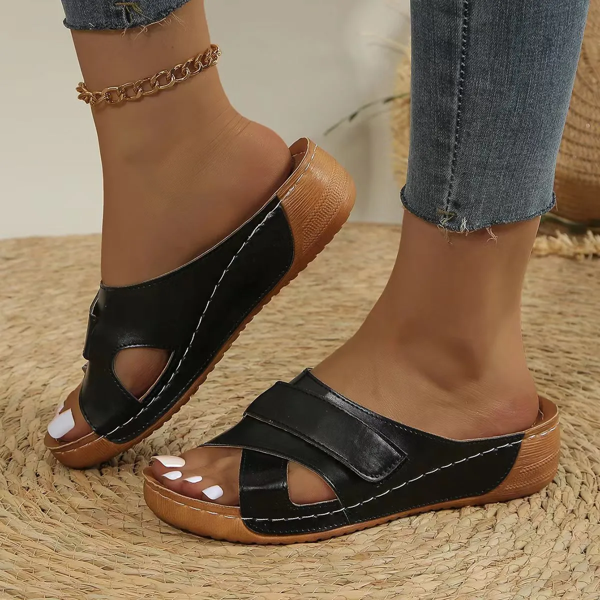 Summer New Platform Slippers Cross Strap Velcro Slippers Fish Mouth Foreign Trade plus Size Women's Beach Sandals