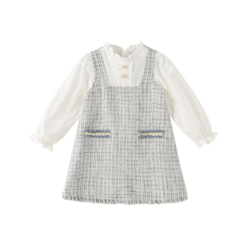 Tweed Panel Ruffled Fake Two-piece Girl Grey Dress