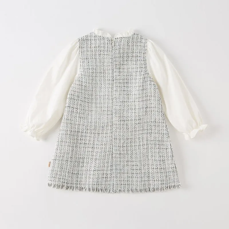 Tweed Panel Ruffled Fake Two-piece Girl Grey Dress