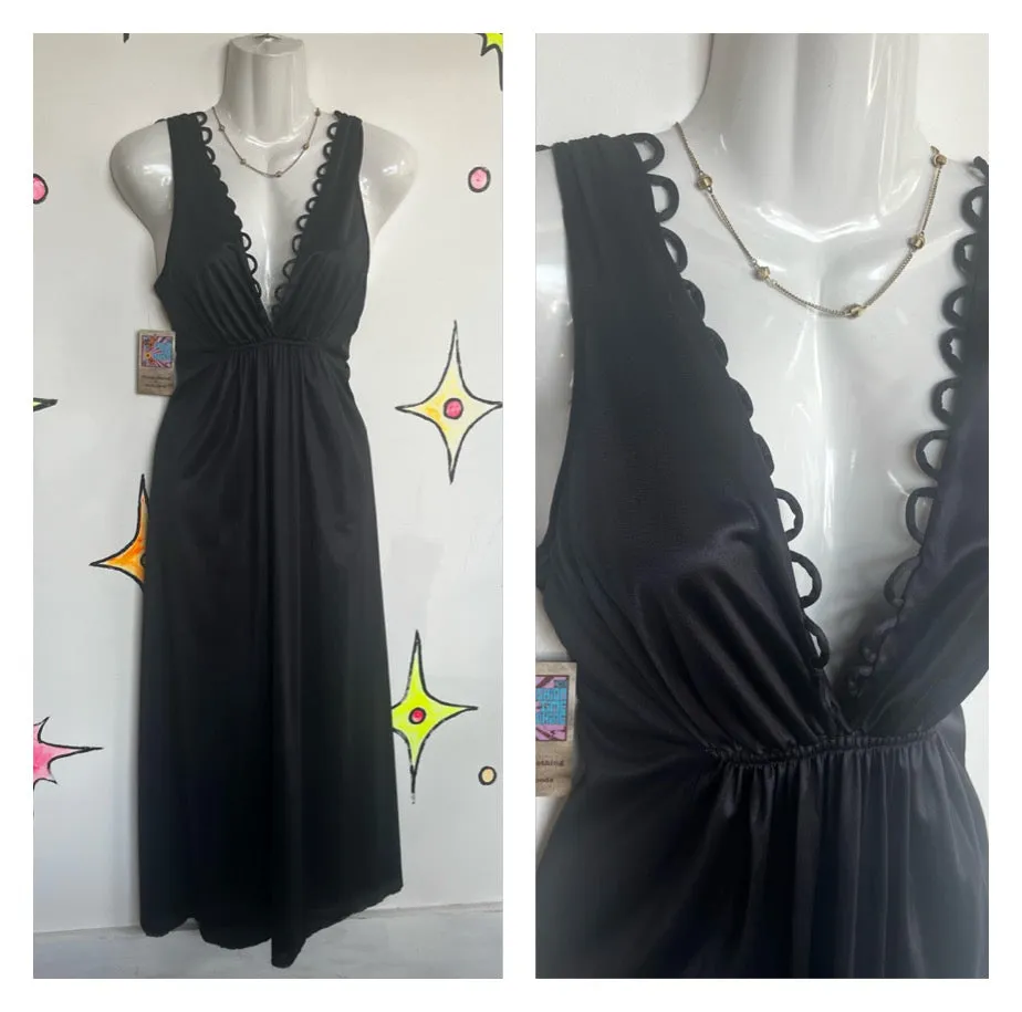 Vintage 60s 70s | Black Lingerie Pin Up Full Length Dress Nighty Slip | S