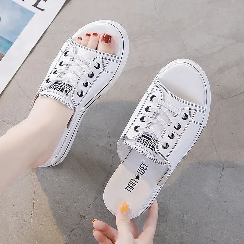 Women's Summer Outdoor Sandals  Summer New Genuine Leather Muffin Bottom Platform Slippers Women's Casual Half Slippers Women's Shoes